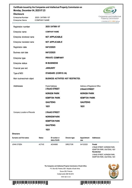 South Africa certificate of company registration Word and PDF template 